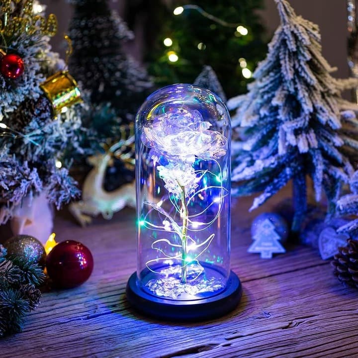 WIECZNA RÓŻA W SZKLE Lampka Nocna Sztuczne Kwiaty PREZENT DLA KOBIETY MAMY