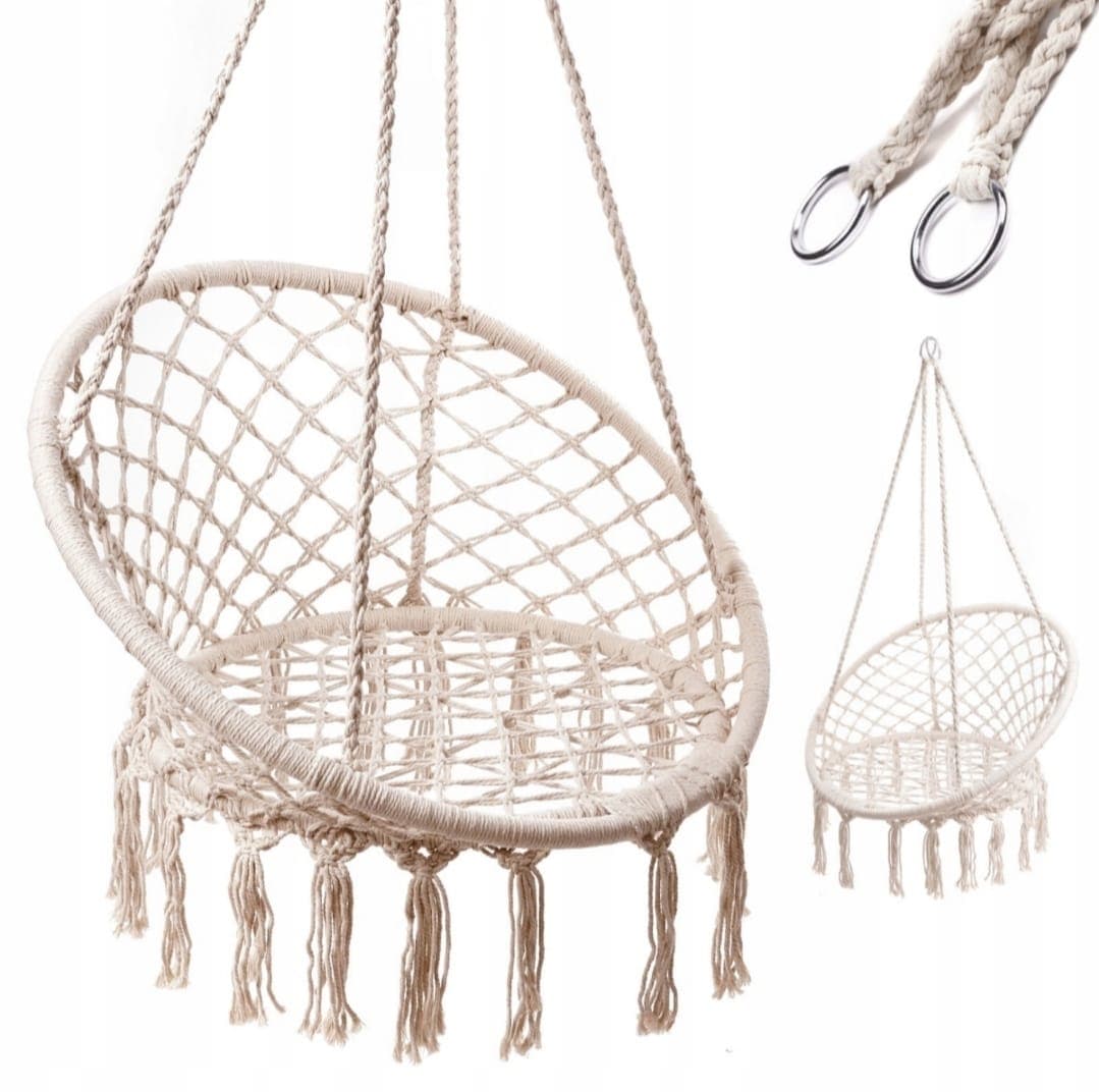 Huśtawka, fotel, 80 cm 150 kg, Bocianie gniazdo, boho, ecru, z poduszkami