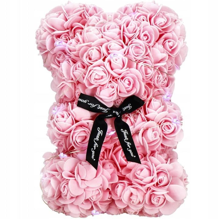 MIŚ Z RÓŻ 30 CM ROSE BEAR Z PŁATKÓW RÓŻ KOKARDA PUDEŁKO NA PREZENT+20LED