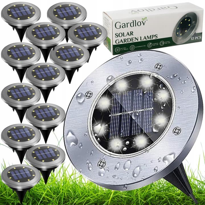 Lampki Solarne Ogrodowe Najazdowe LED Zestaw 12szt Wbijane Gruntowe Dysk