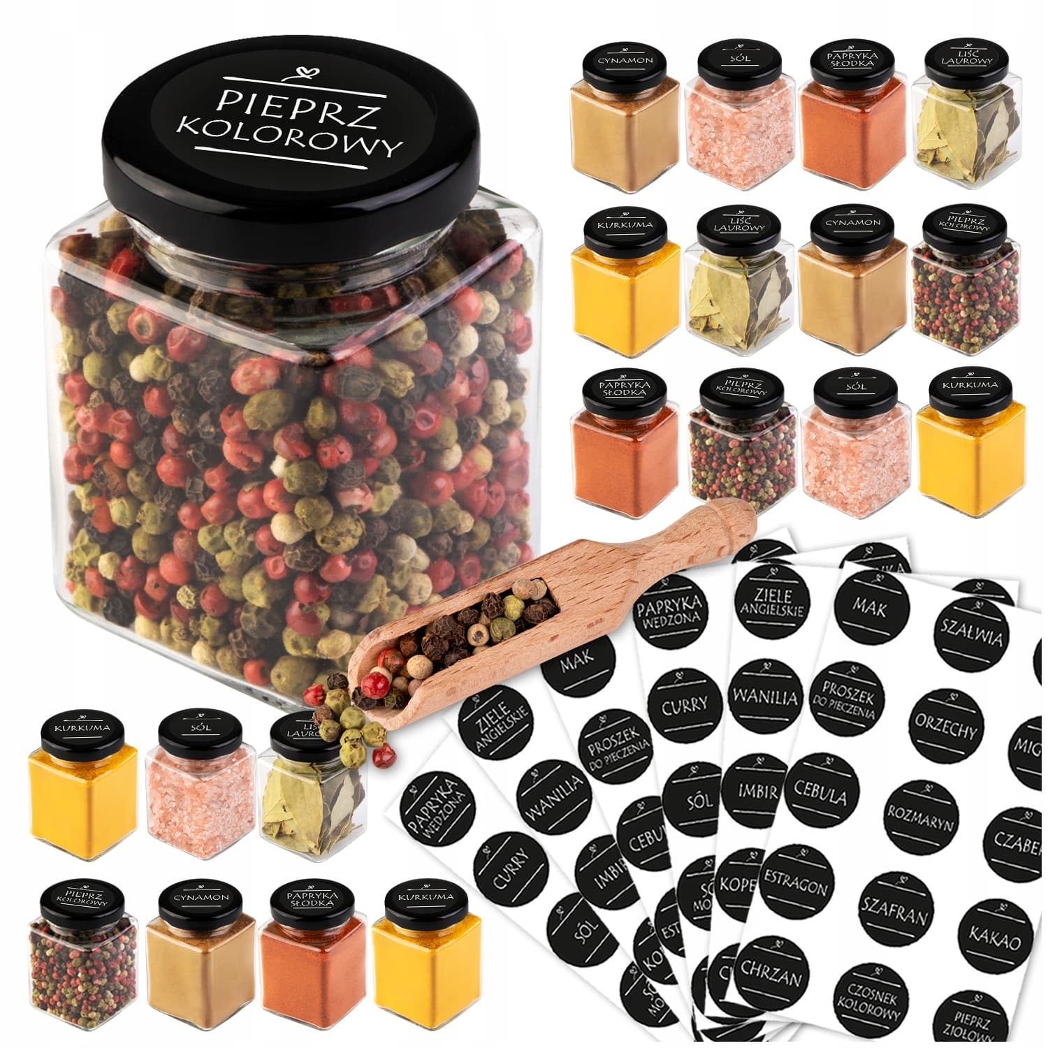 24x słoiczki 120 ml na przyprawy + NABIERAK + 200x etykiety PRZYPRAWNIK
