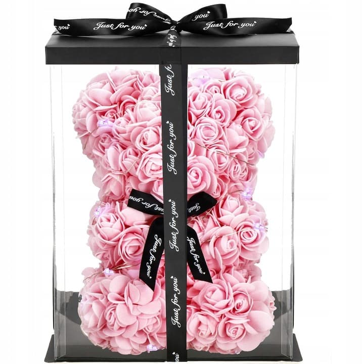 MIŚ Z RÓŻ 30 CM ROSE BEAR Z PŁATKÓW RÓŻ KOKARDA PUDEŁKO NA PREZENT+20LED