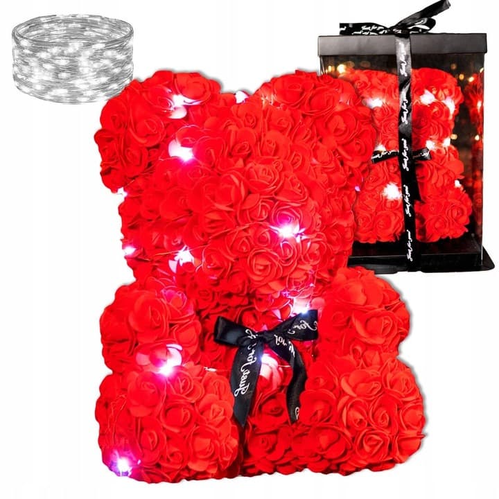 MIŚ Z RÓŻ 30 CM ROSE BEAR Z PŁATKÓW RÓŻ KOKARDA PUDEŁKO NA PREZENT+20LED