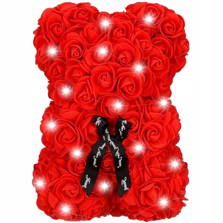 MIŚ Z RÓŻ 30 CM ROSE BEAR Z PŁATKÓW RÓŻ KOKARDA PUDEŁKO NA PREZENT+20LED