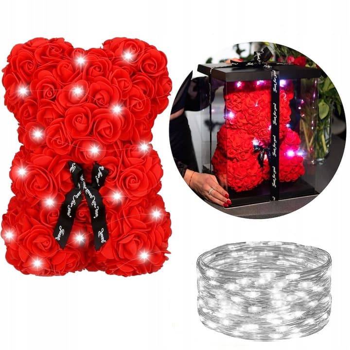 MIŚ Z RÓŻ 30 CM ROSE BEAR Z PŁATKÓW RÓŻ KOKARDA PUDEŁKO NA PREZENT+20LED