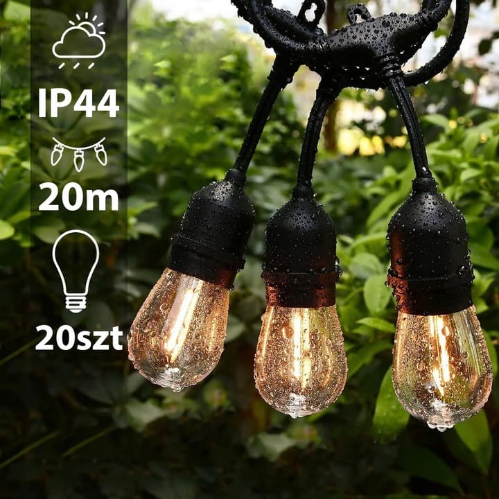 Girlanda Ogrodowa Świetlna 20M 20X Żarówka LED E27 + Przewód Wodoszczelny