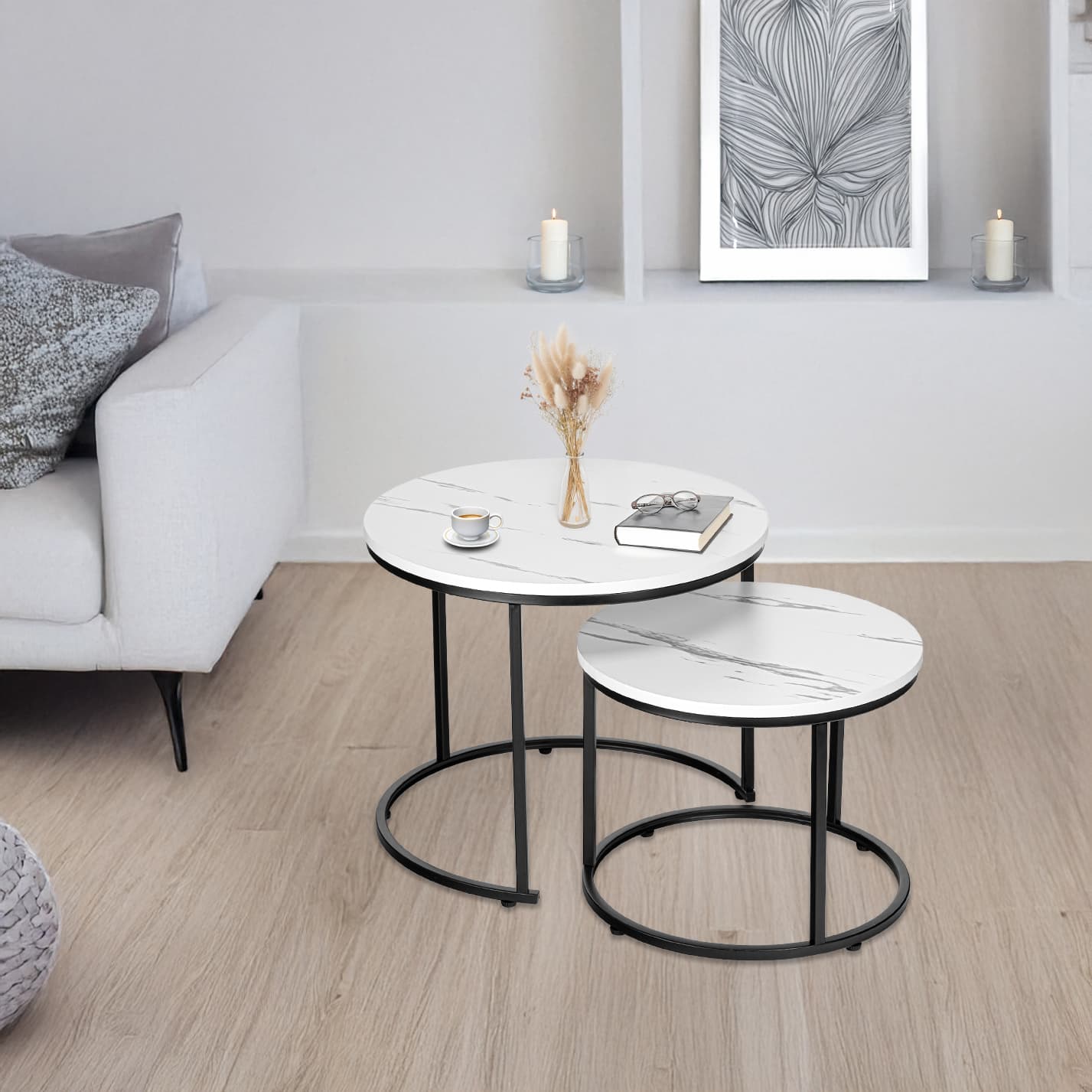 STOLIKI KAWOWE OKRĄGŁE 2W1 ZESTAW STOLIKÓW KAWOWYCH ROZKŁADANE MARMUR ŁAWA