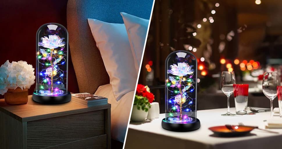 WIECZNA RÓŻA W SZKLE Lampka Nocna Sztuczne Kwiaty PREZENT DLA KOBIETY MAMY