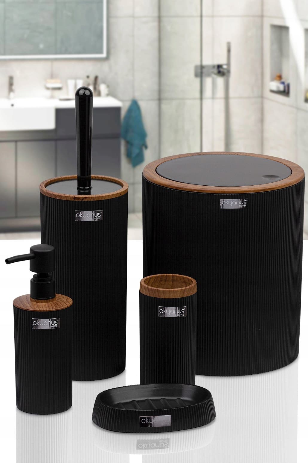 Zestaw łazienkowy Kely Round black/wood komplet do WC elegancki 5w1