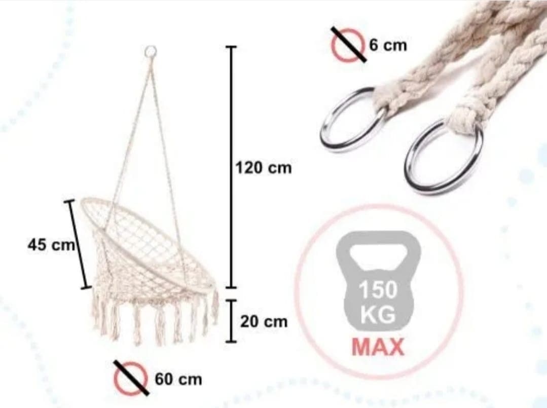 Huśtawka, fotel, 80 cm 150 kg, Bocianie gniazdo, boho, ecru, z poduszkami