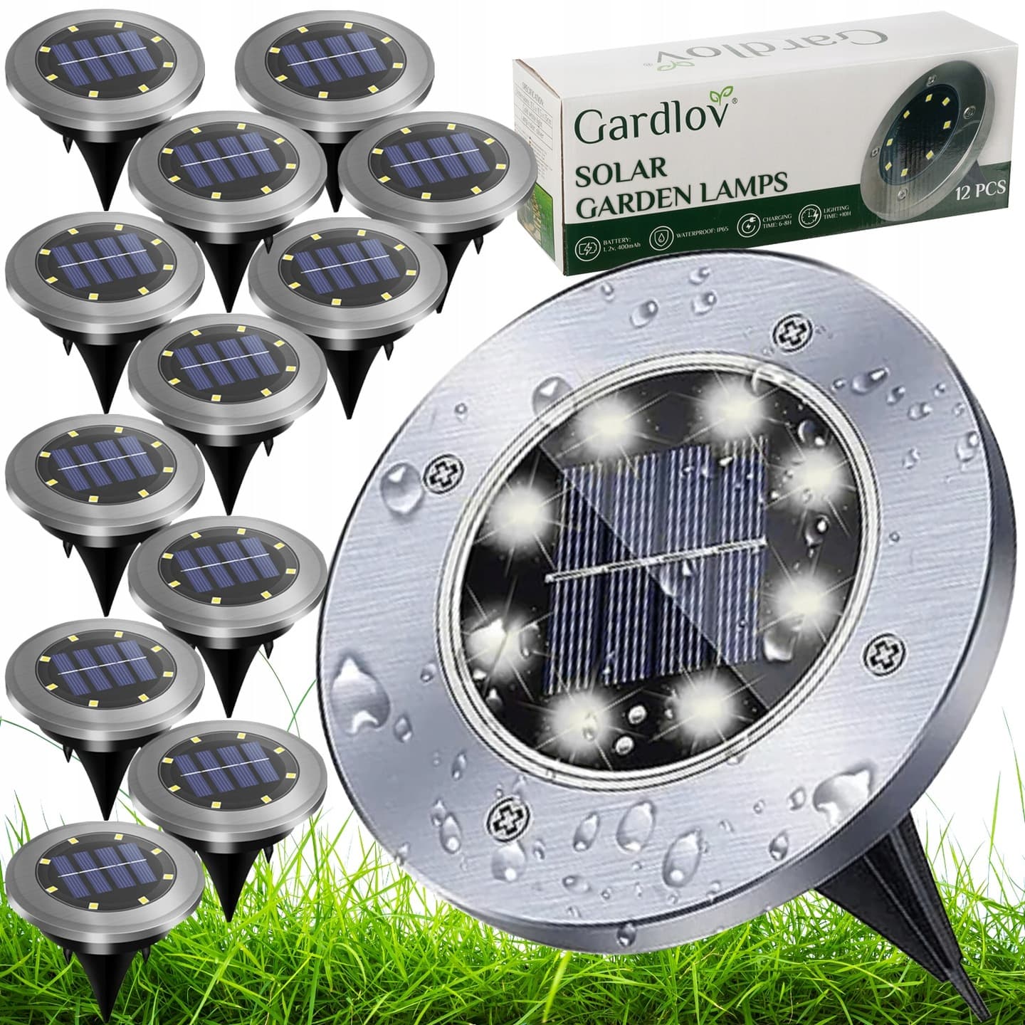 Lampki Solarne Ogrodowe Najazdowe LED Zestaw 12szt Wbijane Gruntowe Dysk