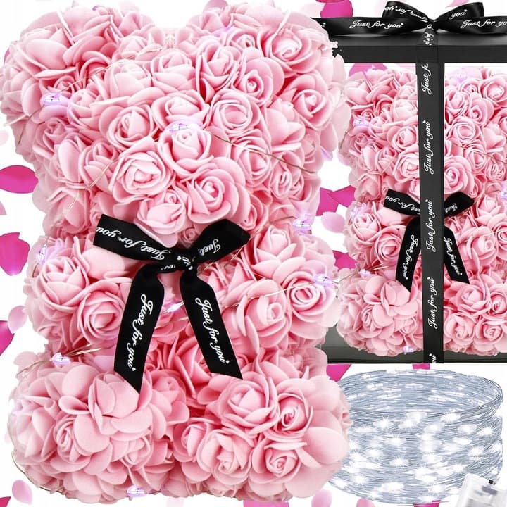 MIŚ Z RÓŻ 30 CM ROSE BEAR Z PŁATKÓW RÓŻ KOKARDA PUDEŁKO NA PREZENT+20LED