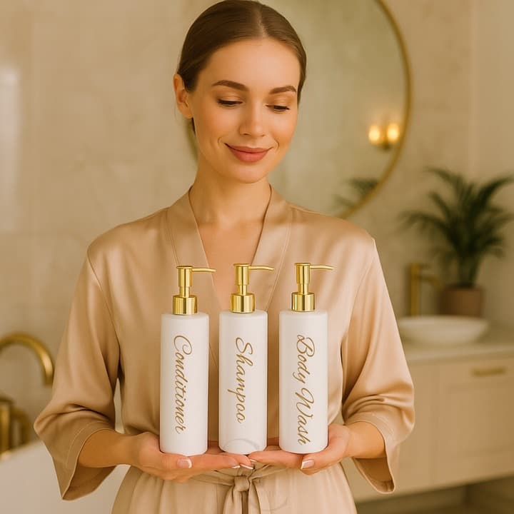 Wielorazowe butelki dozownik 3x500ml szampon żel odżywka czarno-złote biało-złote