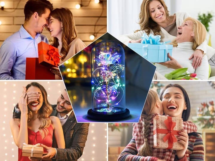 WIECZNA RÓŻA W SZKLE Lampka Nocna Sztuczne Kwiaty PREZENT DLA KOBIETY MAMY