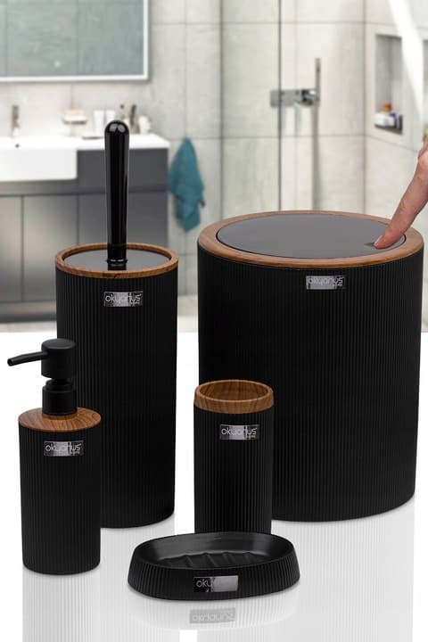 Zestaw łazienkowy Kely Round black/wood komplet do WC elegancki 5w1