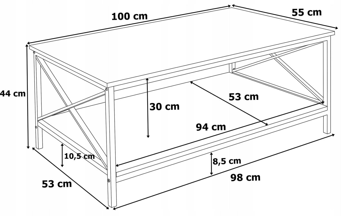 STOLIK KAWOWY RUSTYKALNY ŁAWA KAWOWA LOFT METALOWA Z PÓŁKĄ 100x55 cm