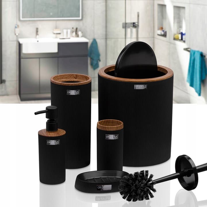 Zestaw łazienkowy Kely Round black/wood komplet do WC elegancki 5w1
