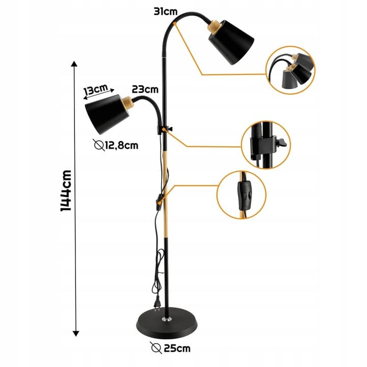 Lampa Lampka Stojąca Podłogowa Do Czytania Podwójna 2xE27 Regulacja Czarna
