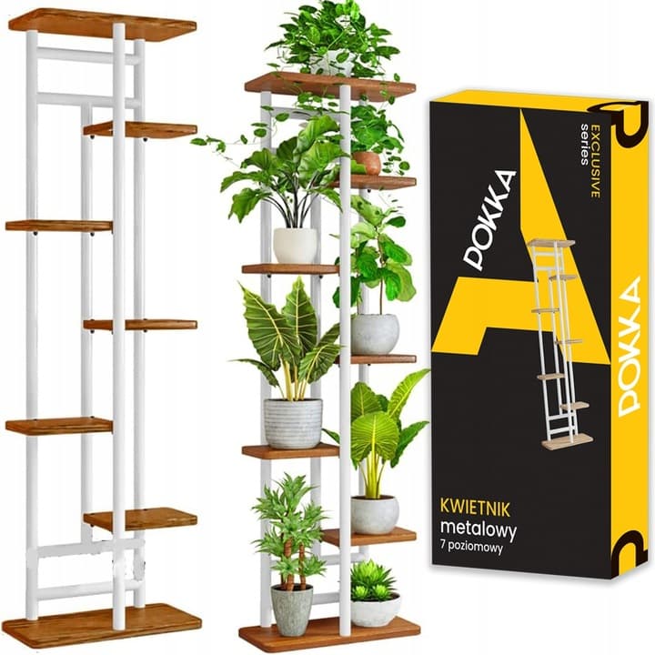KWIETNIK METALOWY 7-POZIOMWY PIĘTROWY STOJAK NA DONICZKI KWIATY DREWNO 7P