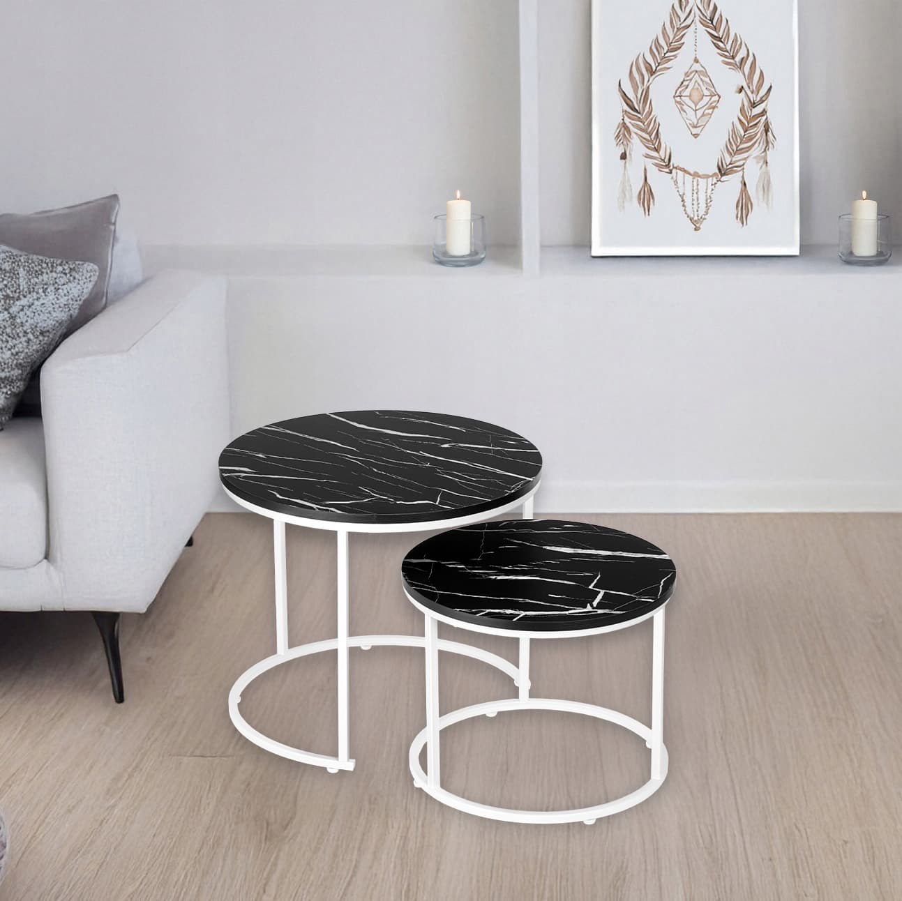STOLIK KAWOWY 2W1 ZESTAW STOLIKÓW KAWOWYCH ŁAWA MARMUR LOFT 53 cm 43 cm