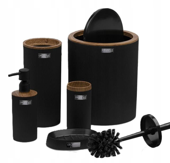 Zestaw łazienkowy Kely Round black/wood komplet do WC elegancki 5w1