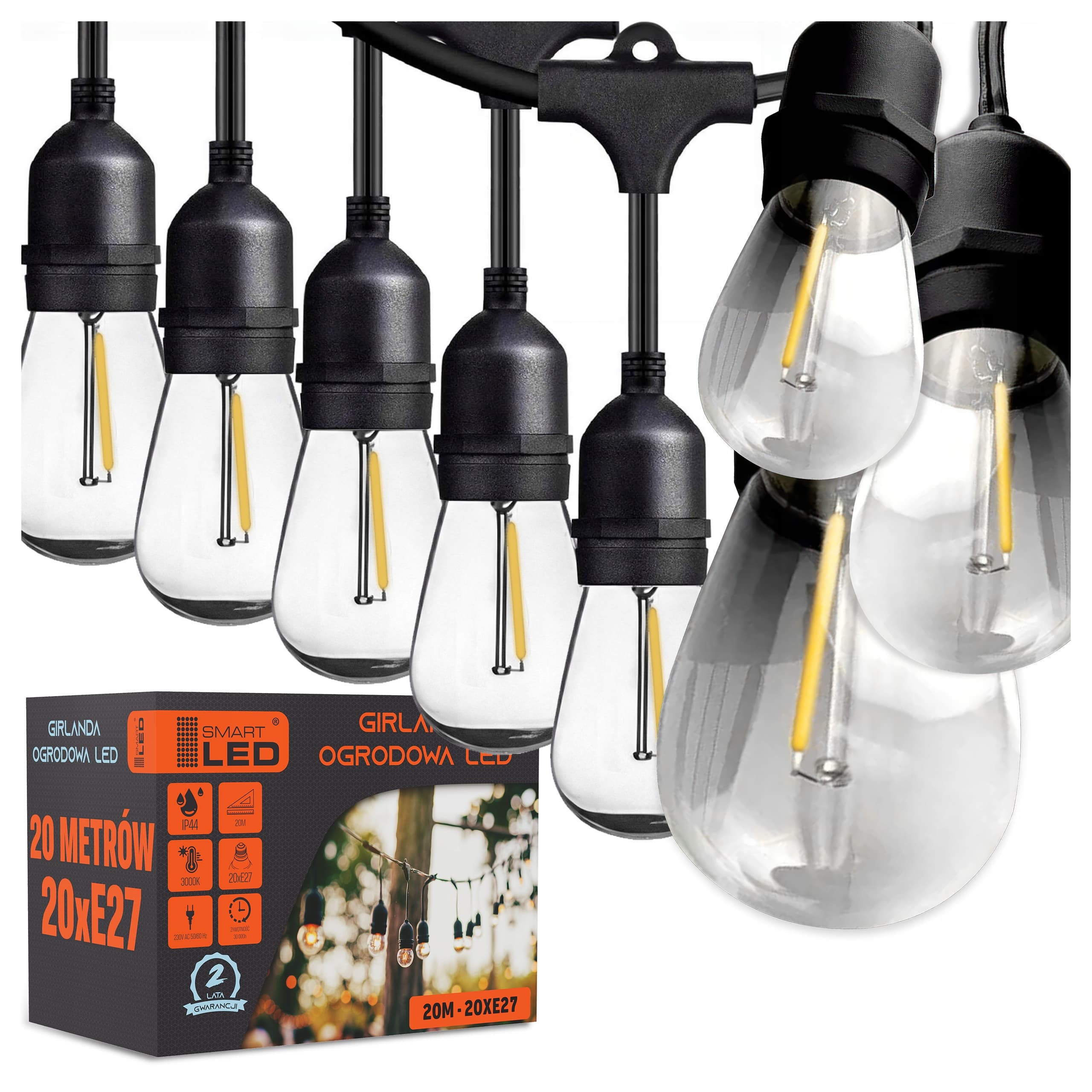 Girlanda Ogrodowa Świetlna 20M 20X Żarówka LED E27 + Przewód Wodoszczelny