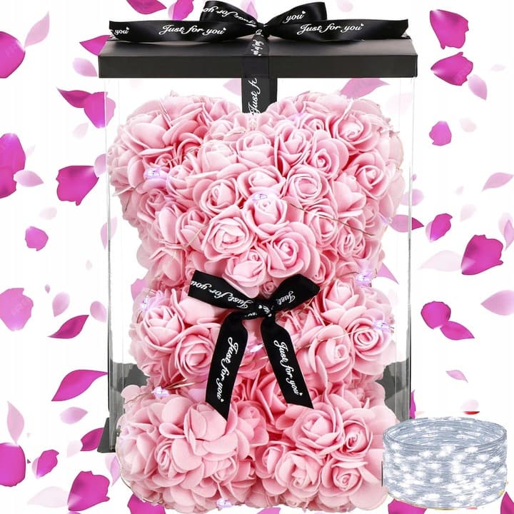MIŚ Z RÓŻ 30 CM ROSE BEAR Z PŁATKÓW RÓŻ KOKARDA PUDEŁKO NA PREZENT+20LED