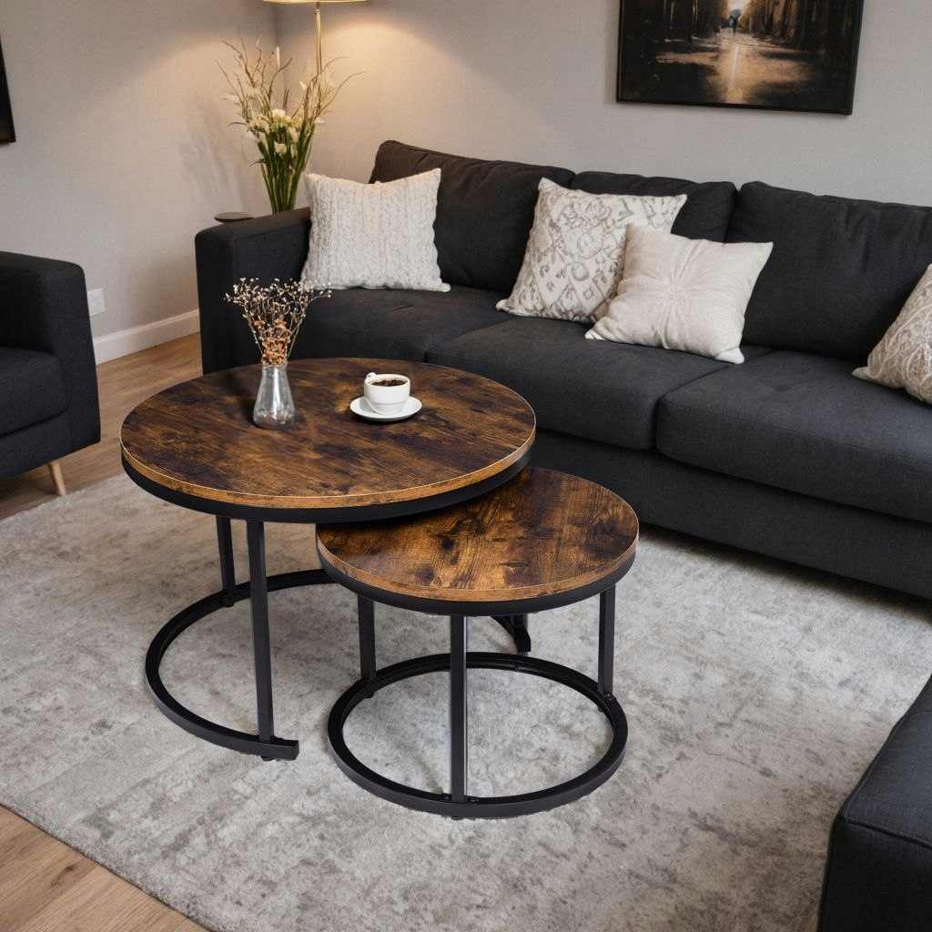 Stoliki Kawowe KOMPLET 2w1 Okrągłe Stolik x2 LOFT Industrialne Rustykalne